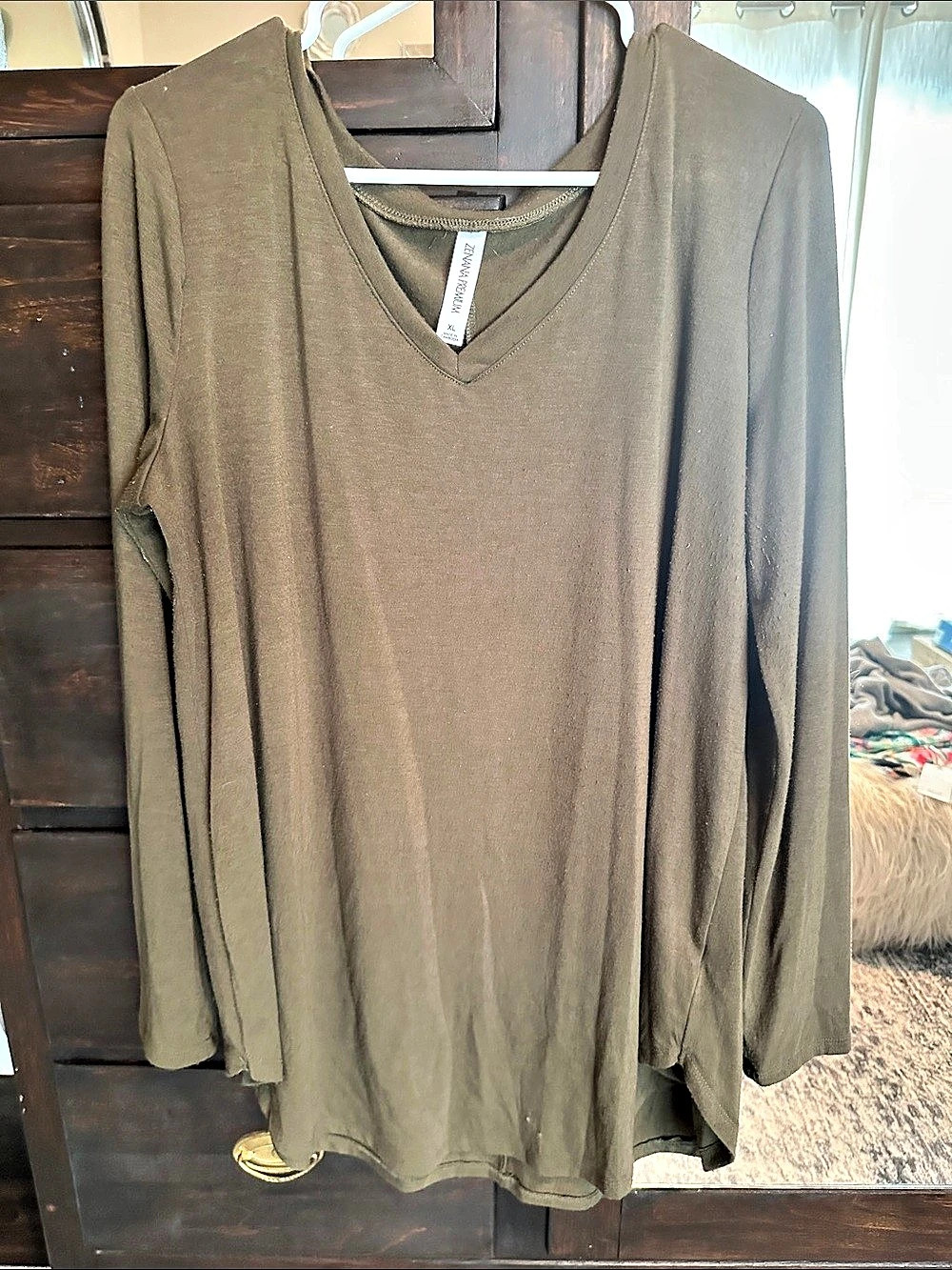 Zenana Premium V-Neck Long Sleeve Basic Top Brown XL